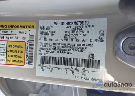 2024 Ford Bronco Sport Big Bend from USA, damaged, VIN 3FMCR9B69RRF40027